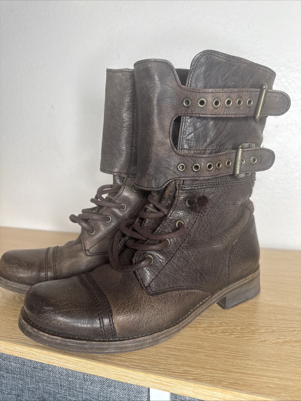 AllSaints Damisi Leather Combat Boots Double Buckle Distressed Brown 37 US7
